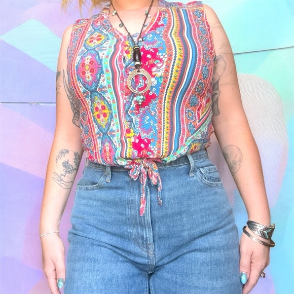 American Rag Colorful Sleeveless Boho Print Button Up Tie Front Peasant Sm Top - Picture 7 of 8